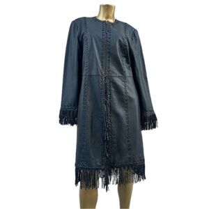 Double D Ranch Black Leather Fringe Coat Whipstitch Western Long Jacket Size M